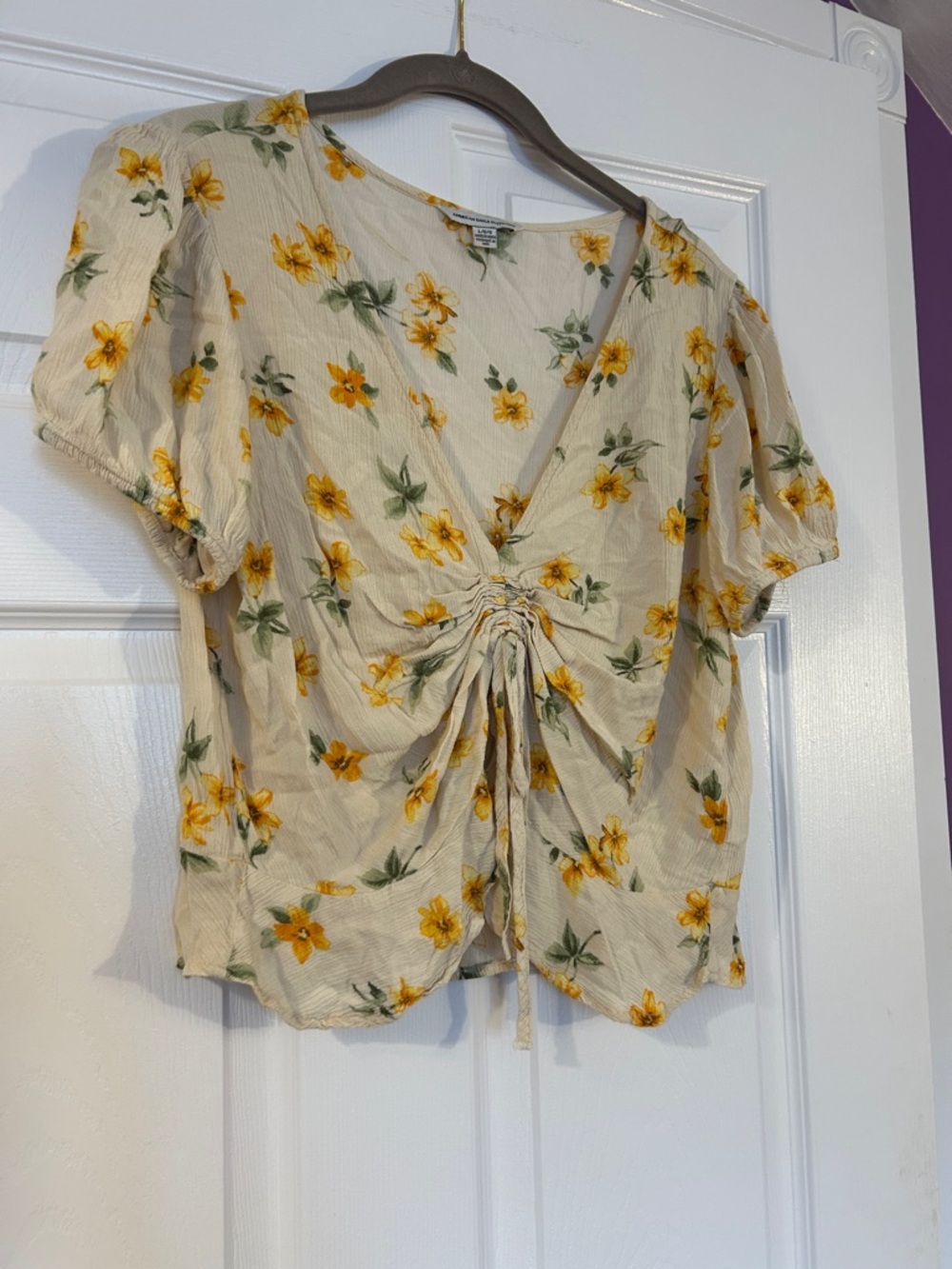 American Eagle Outfitters Cream Floral Tie-Front Top with Yellow Flowers
